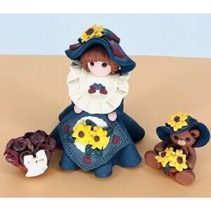 Vintage 1994 Polymer Clay Sheree Soles Woman, Bear w/ Flowers, Floral Bouquet